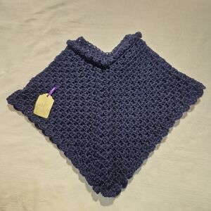 Hand Crafted girls size 2-5 years navy blue poncho scalloped trim NEW
